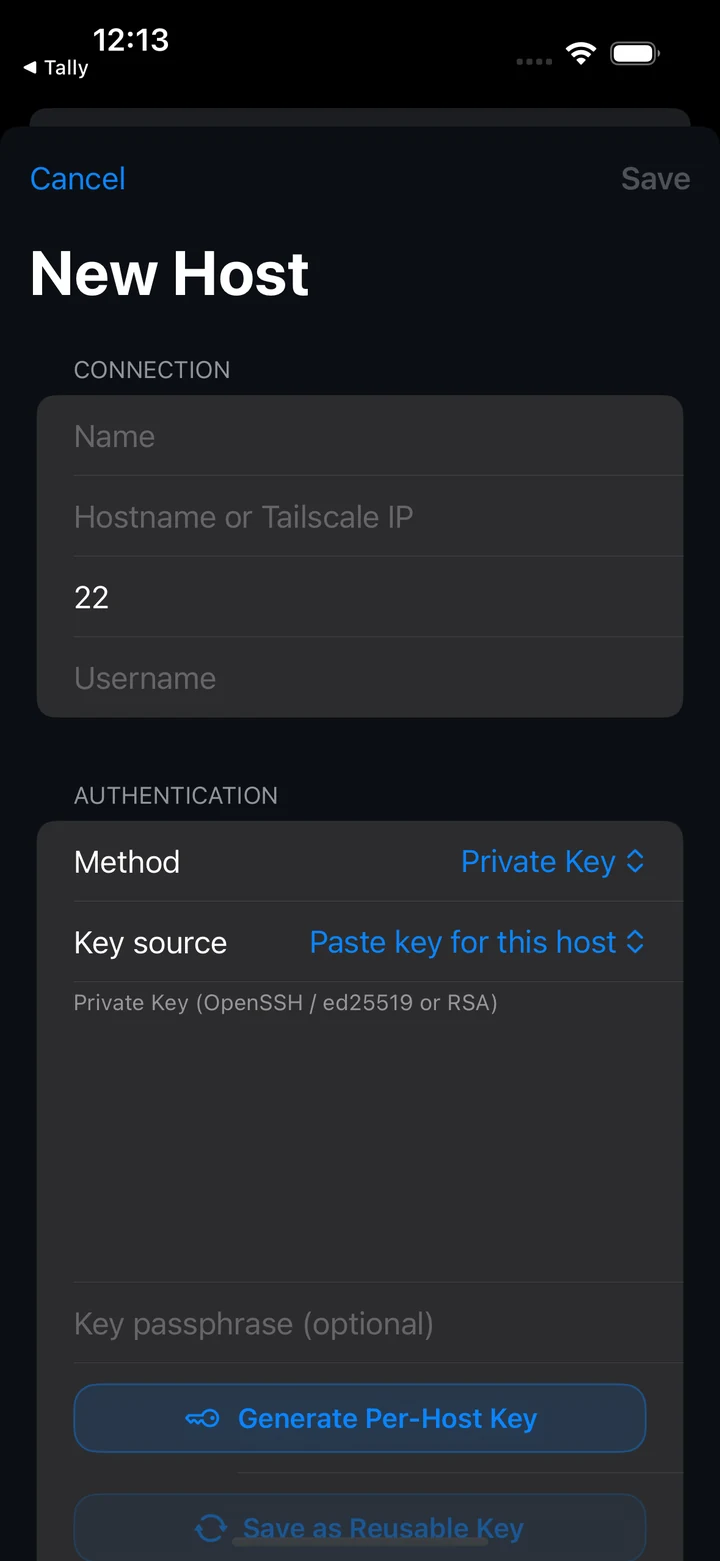 PocketTerm New Host screen with connection and private-key authentication fields