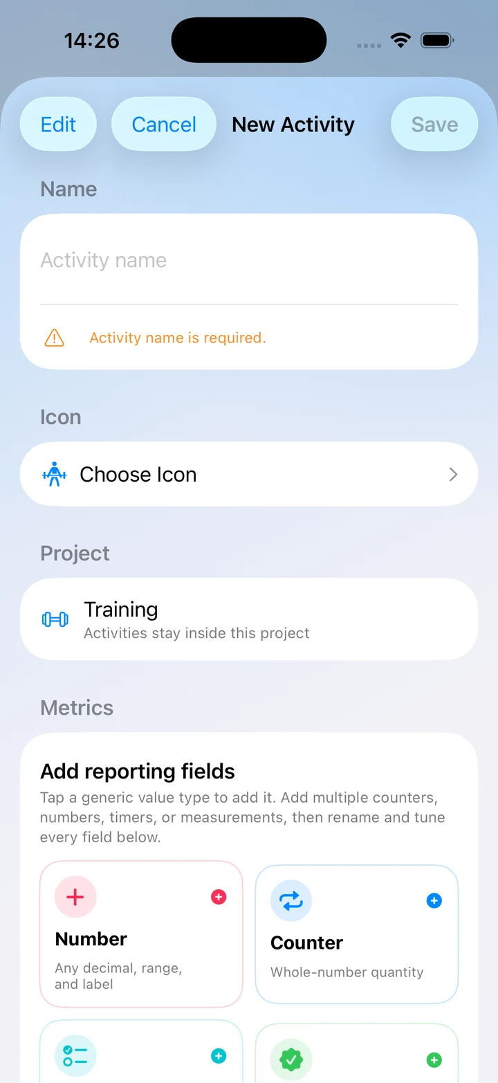 Tally activity editor showing reusable number, counter, checklist, and completion reporting fields