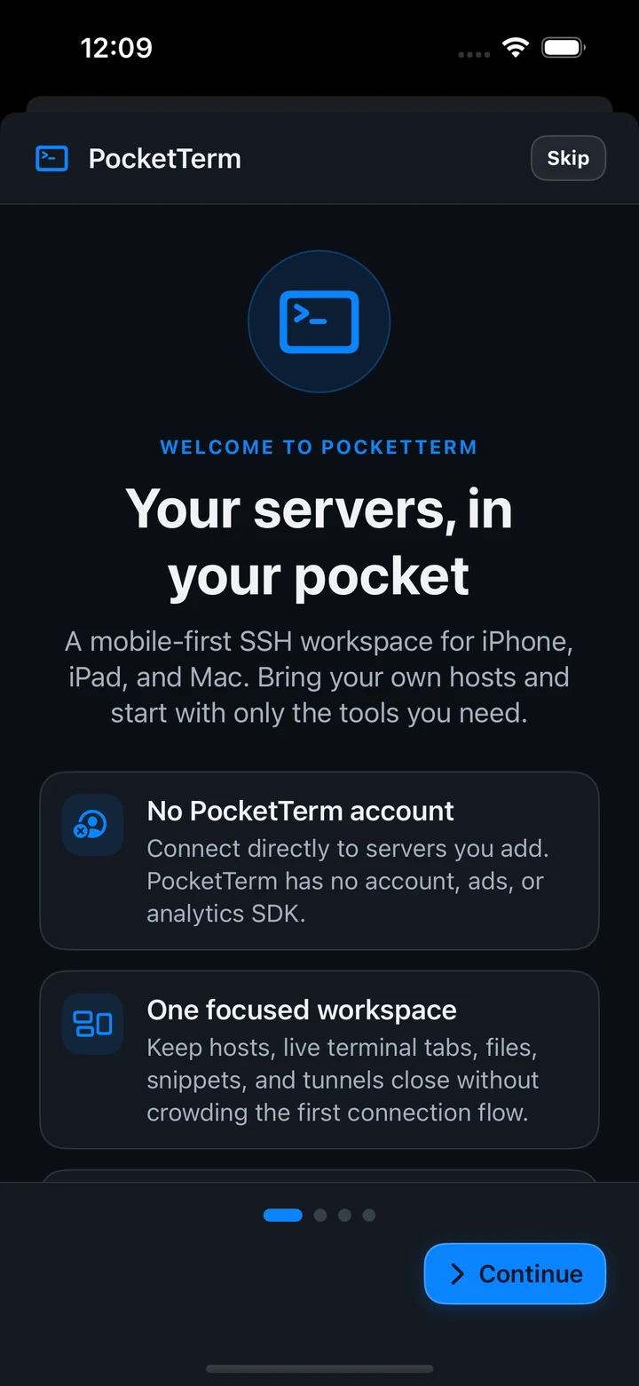 PocketTerm welcome screen in dark mode explaining its direct, account-free SSH model
