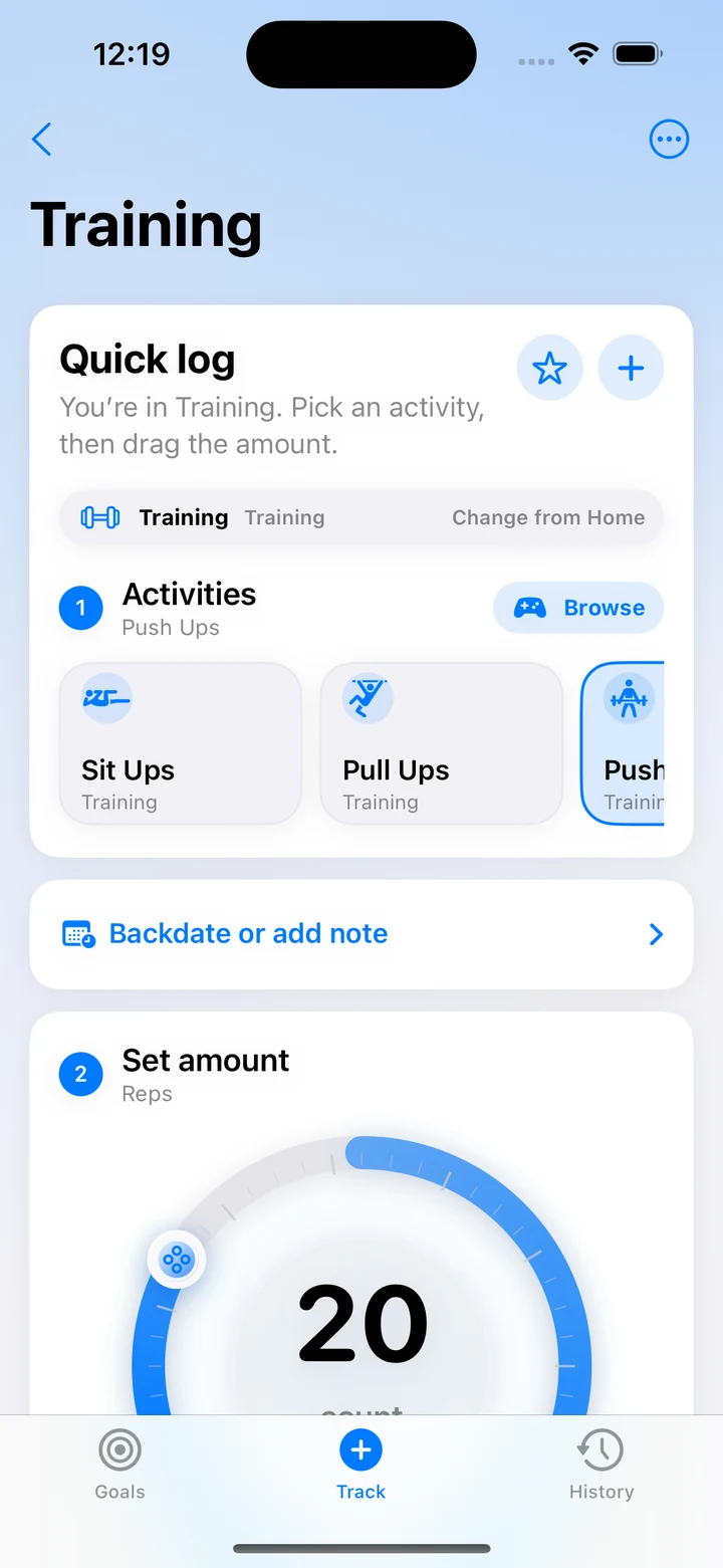 Tally Quick Log screen for selecting an activity and setting a count